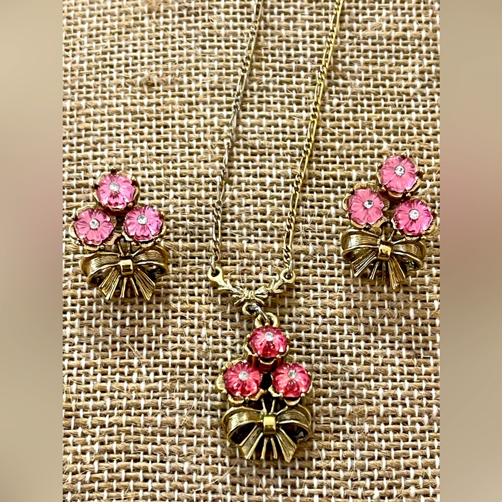 1928 Floral Necklace and Earrings Set Pink Gold Tone Pierced Vintage 1980’s